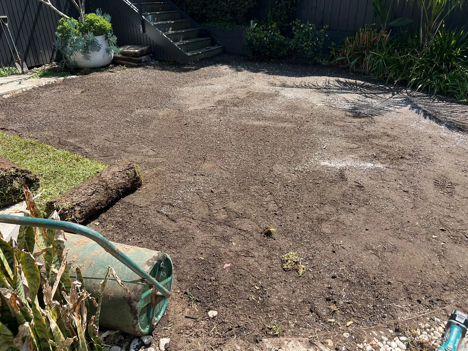 Prepared Balgowlah lawn area beside garden beds and timber steps