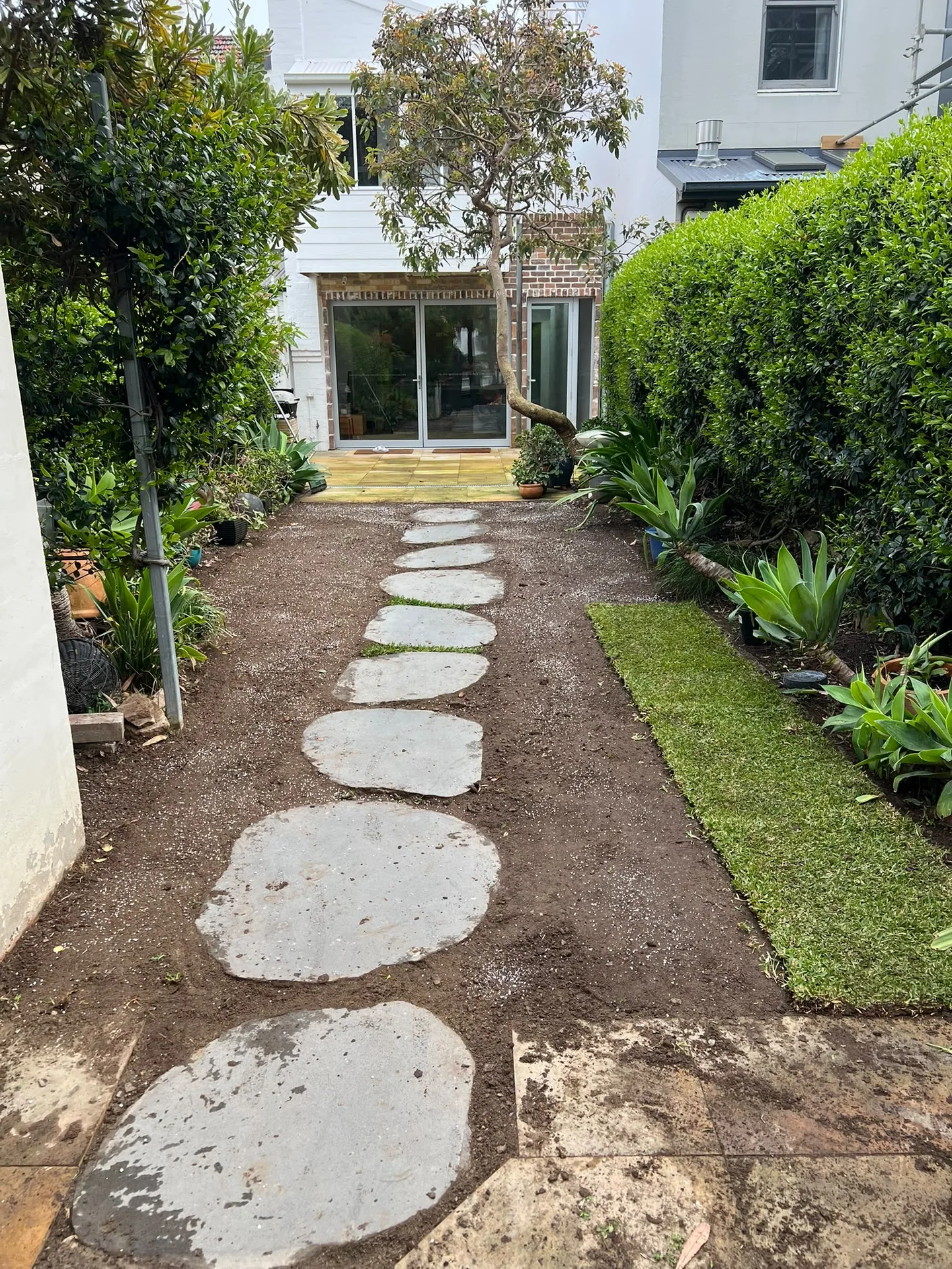 Matilda Buffalo installation underway beside the stepping-stone path towards the Glebe home